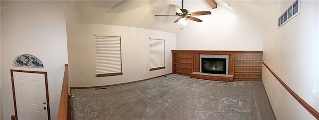 unfurnished living room with ceiling fan, beamed ceiling, carpet, and high vaulted ceiling