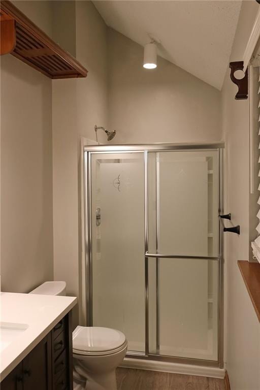 bathroom featuring toilet, vanity, vaulted ceiling, and walk in shower