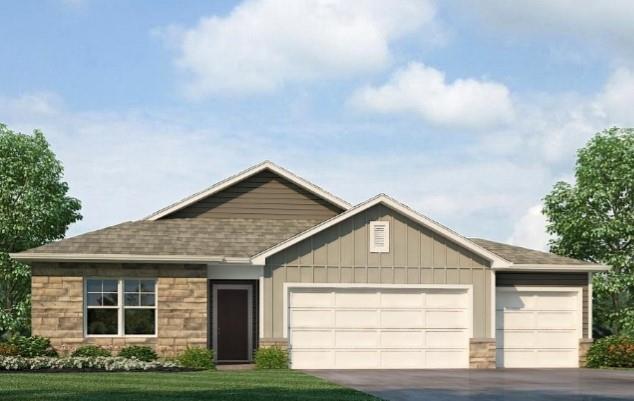 craftsman house featuring an attached garage, concrete driveway, roof with shingles, and stone siding