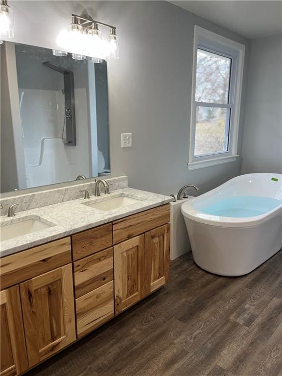 bathroom featuring hardwood / wood-style flooring, a washtub, and vanity