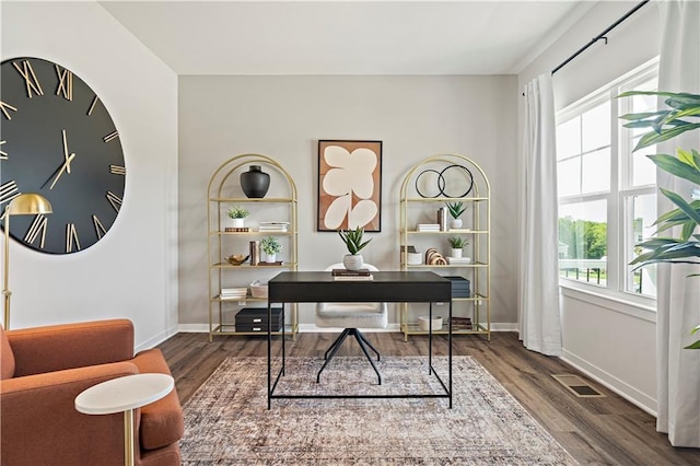 office area with dark hardwood / wood-style floors