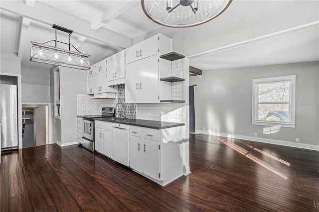 kitchen with dishwasher, dark wood-type flooring, white cabinets, electric range, and decorative light fixtures