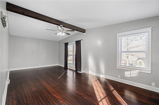 spare room featuring vaulted ceiling with beams, ceiling fan, and dark hardwood / wood-style flooring