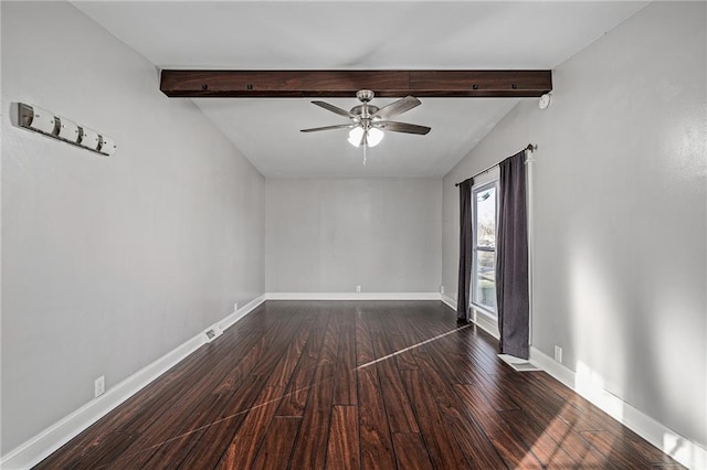 spare room with lofted ceiling with beams, ceiling fan, and dark wood-type flooring