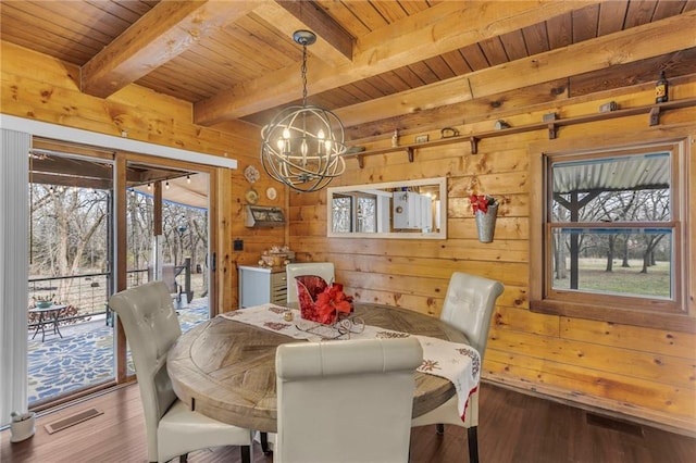 dining room with a chandelier, dark wood-type flooring, beamed ceiling, and wood ceiling