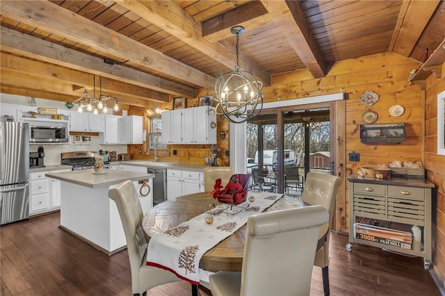 dining area with wooden walls, wooden ceiling, and dark hardwood / wood-style floors