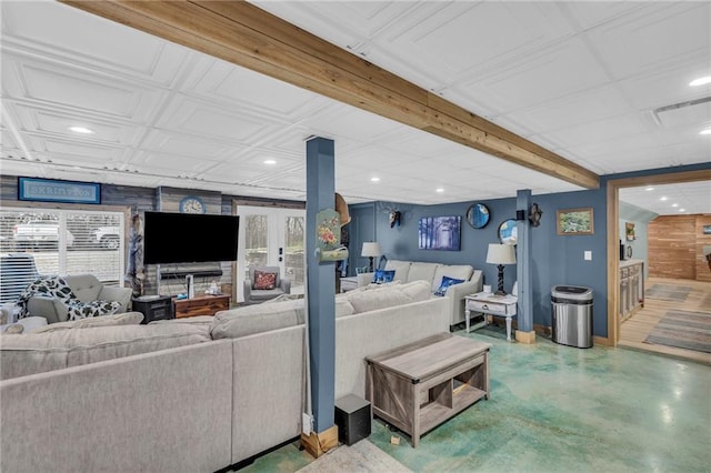 living room featuring concrete floors