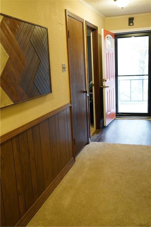 entryway with a textured ceiling, crown molding, wooden walls, and dark wood-type flooring