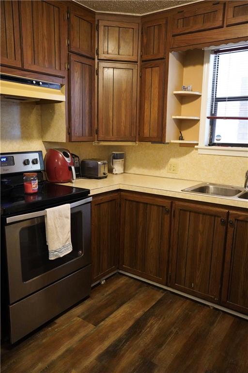 kitchen with electric range, dark hardwood / wood-style flooring, and sink