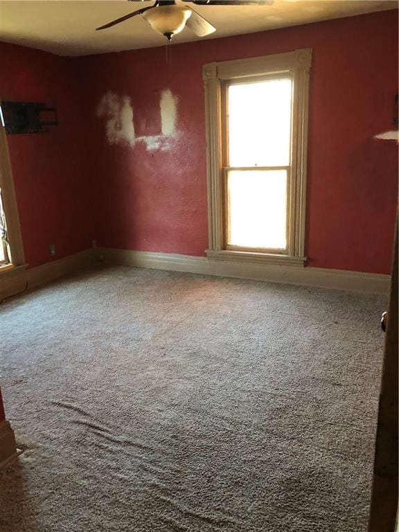 spare room with ceiling fan and carpet