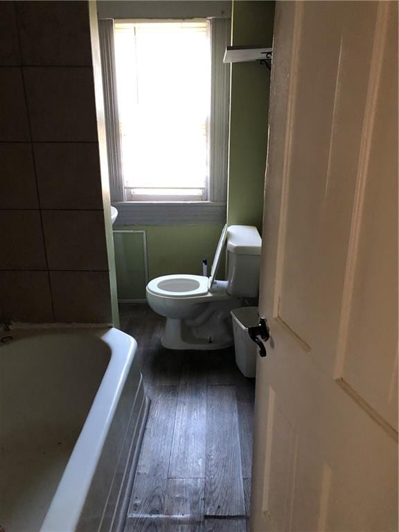 bathroom featuring a bathtub, toilet, and wood-type flooring