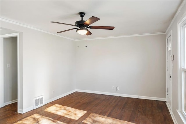 unfurnished bedroom with dark hardwood / wood-style flooring, crown molding, and ceiling fan