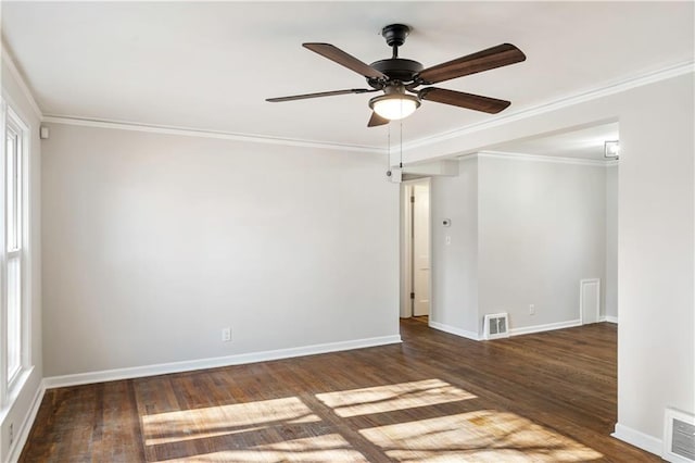 empty room with dark hardwood / wood-style flooring, ornamental molding, and ceiling fan