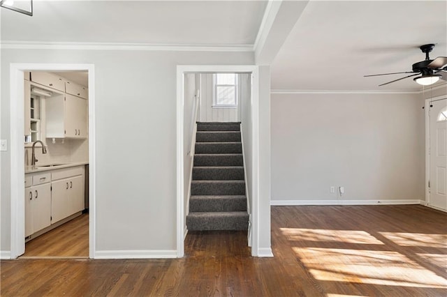 stairs with sink, hardwood / wood-style flooring, ornamental molding, and ceiling fan