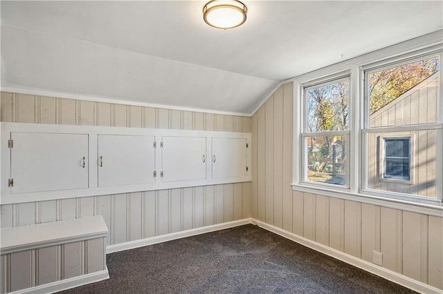 bonus room with lofted ceiling and dark colored carpet