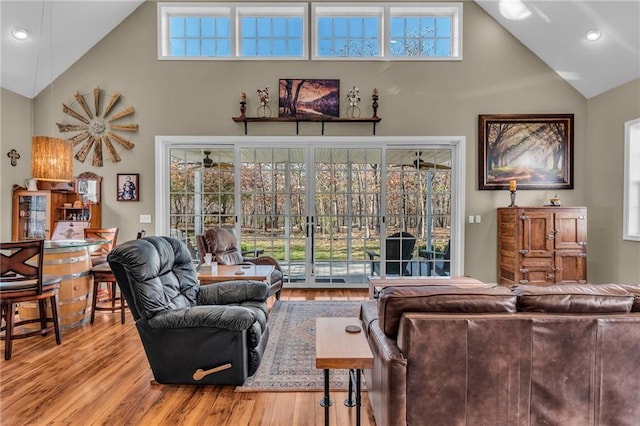 living room featuring hardwood / wood-style floors and high vaulted ceiling