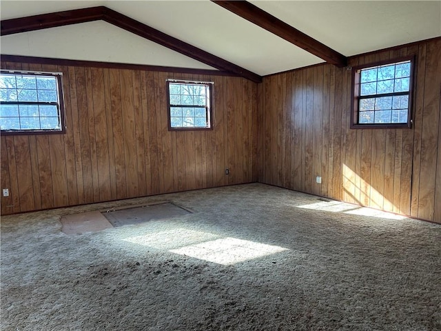 unfurnished room featuring carpet, vaulted ceiling with beams, wooden walls, and a healthy amount of sunlight