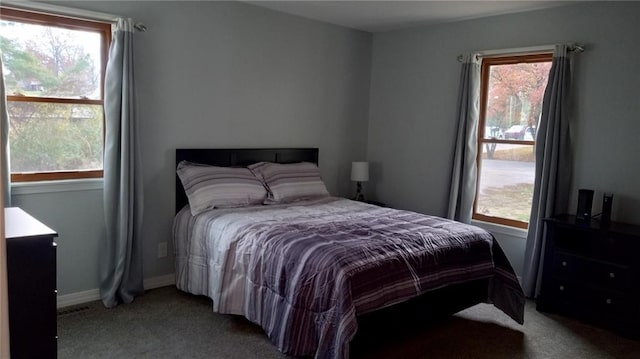 carpeted bedroom featuring multiple windows