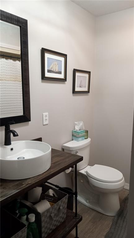 bathroom with hardwood / wood-style flooring, toilet, and sink