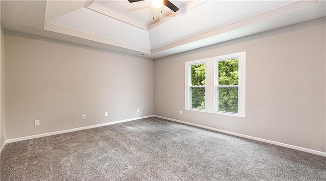 spare room with carpet flooring, a tray ceiling, and ceiling fan