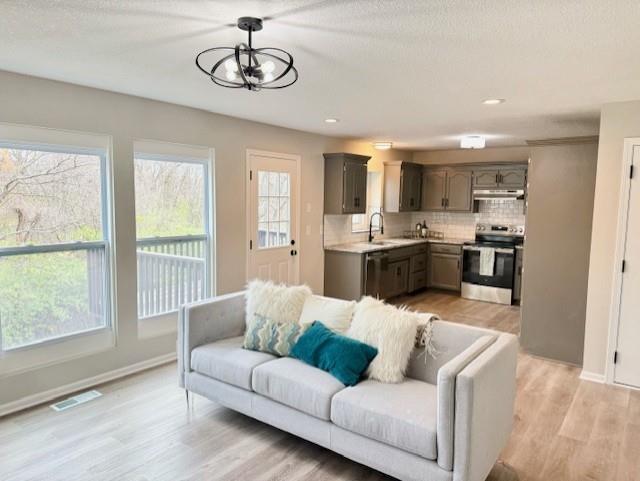 living room featuring a notable chandelier, light hardwood / wood-style floors, and sink