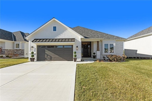 modern farmhouse style home with a garage and a front lawn