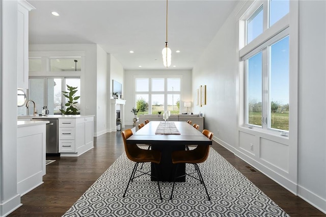 dining space featuring sink, dark wood-type flooring, and plenty of natural light