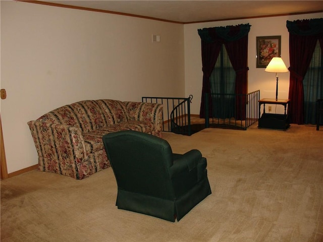 carpeted living room with crown molding