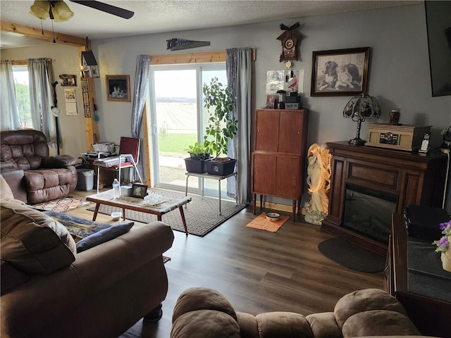 living room featuring hardwood / wood-style floors, ceiling fan, a healthy amount of sunlight, and a textured ceiling