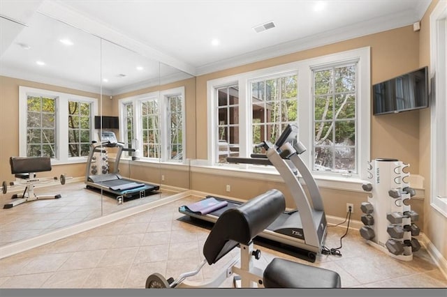 exercise area featuring light tile patterned floors, crown molding, and a wealth of natural light