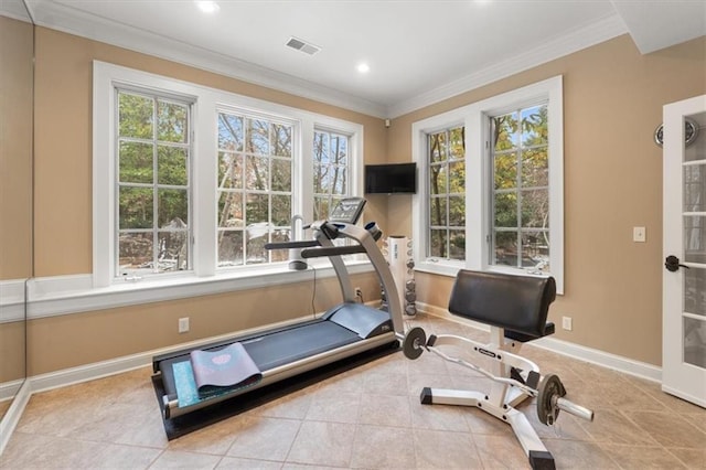 workout area with a healthy amount of sunlight, light tile patterned floors, and crown molding