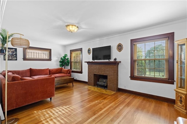 living room with a fireplace, wood-type flooring, and crown molding