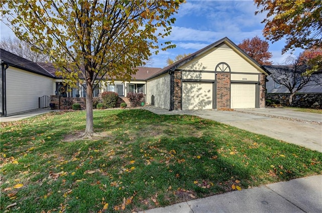 single story home with a garage and a front yard