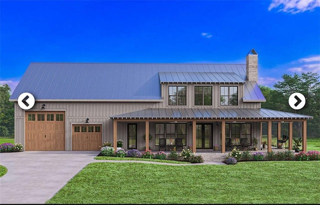 exterior space featuring a porch, a garage, and a front yard