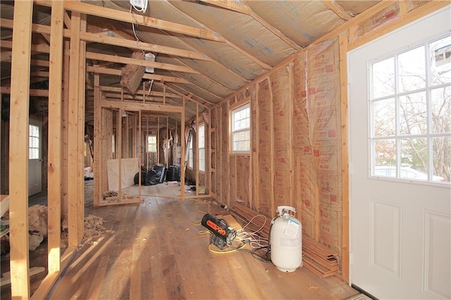 miscellaneous room with lofted ceiling