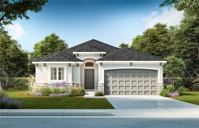 view of front of house featuring concrete driveway, stone siding, roof with shingles, an attached garage, and stucco siding