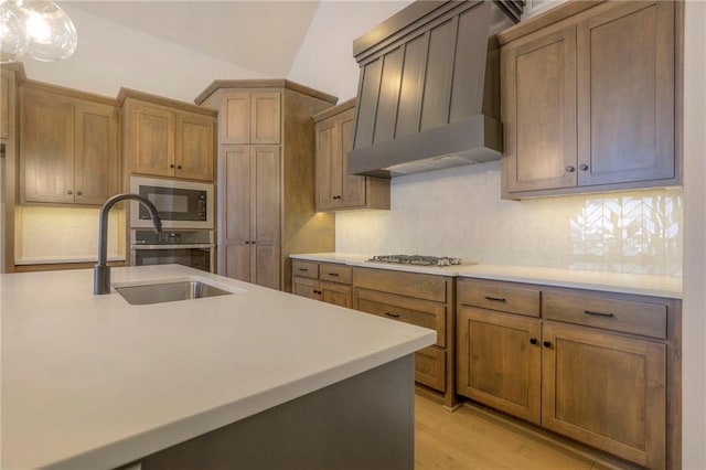 kitchen with sink, custom exhaust hood, light hardwood / wood-style flooring, stainless steel appliances, and backsplash