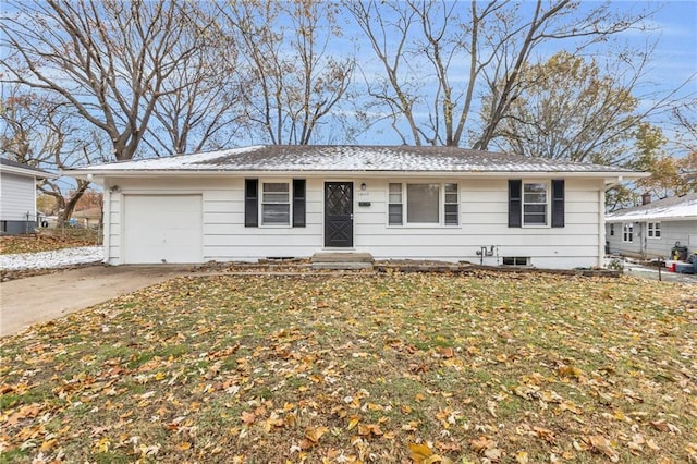 single story home with a front yard, a garage, and cooling unit