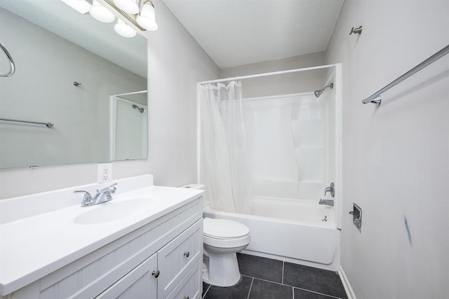 full bathroom featuring toilet, vanity, tile patterned flooring, and shower / tub combo with curtain