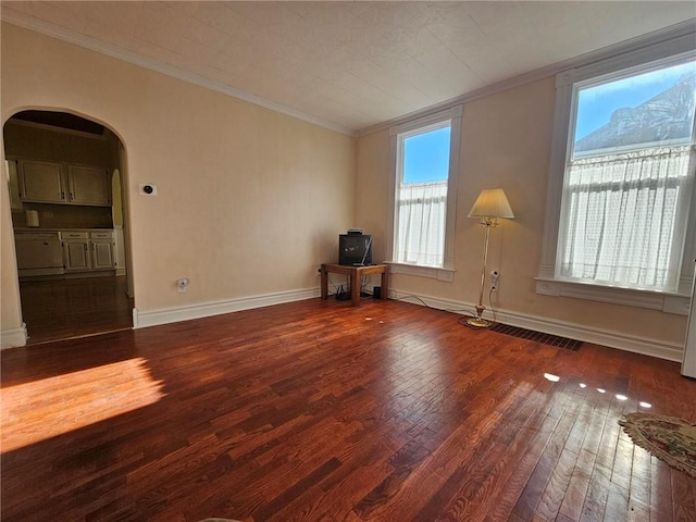 interior space featuring dark hardwood / wood-style flooring and ornamental molding