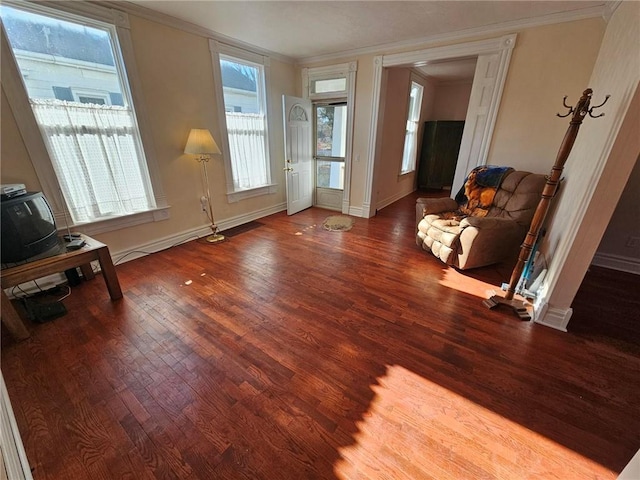 living area featuring hardwood / wood-style floors, a healthy amount of sunlight, and ornamental molding