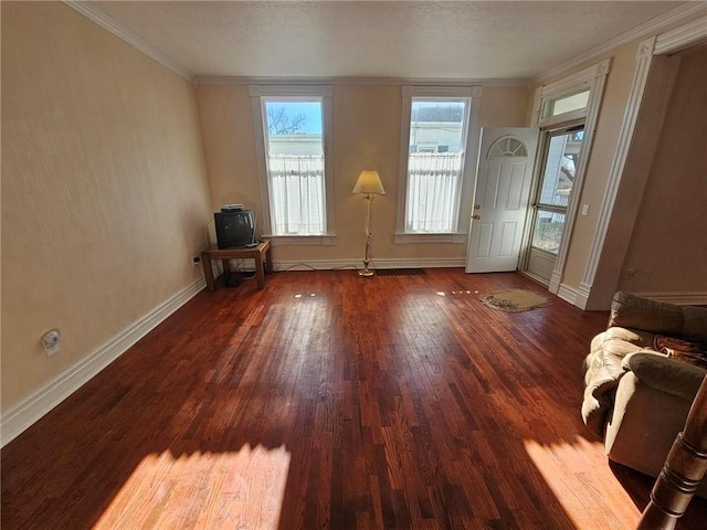 interior space featuring crown molding and dark wood-type flooring