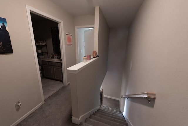 staircase with carpet and sink