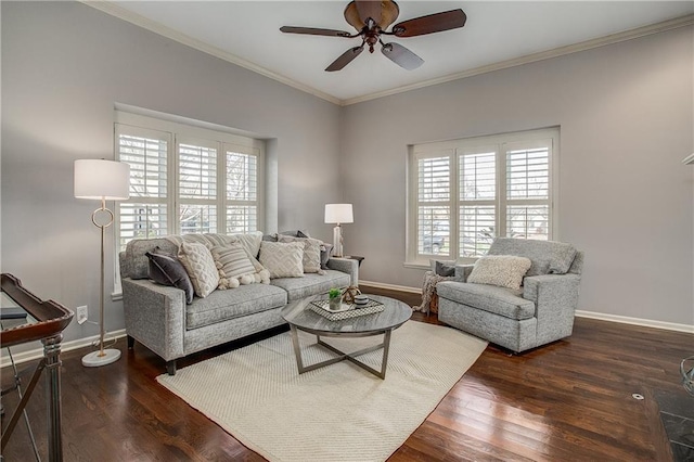 living room featuring ceiling fan, dark hardwood / wood-style flooring, and a wealth of natural light