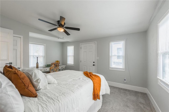 bedroom with ceiling fan and light colored carpet