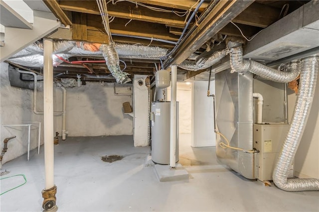 basement with heating unit and water heater