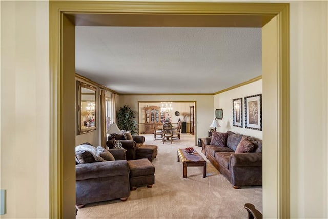 401 Taylor Rd, Independence, KS 67301 - living room with carpet flooring, crown molding, a chandelier, and a textured ceiling