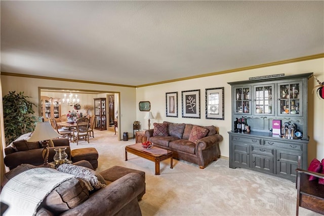 401 Taylor Rd, Independence, KS 67301 - living area with light carpet, crown molding, and a chandelier