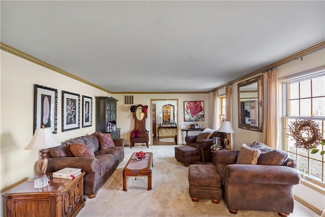 401 Taylor Rd, Independence, KS 67301 - living area featuring plenty of natural light, ornamental molding, light colored carpet, and a textured ceiling