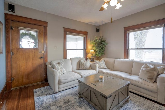 living room with hardwood / wood-style flooring and ceiling fan